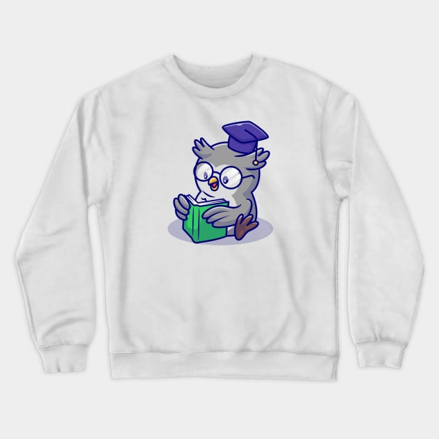 Cute Owl Reading Book With Glasses And Graduation Cap Cartoon Crewneck Sweatshirt by Catalyst Labs